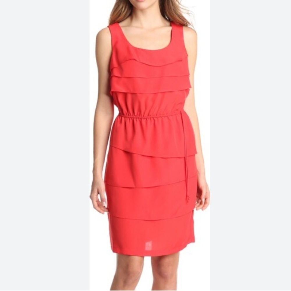 Julian Taylor strawberry red tiered drawstring waist sleeveless‎ midi dress